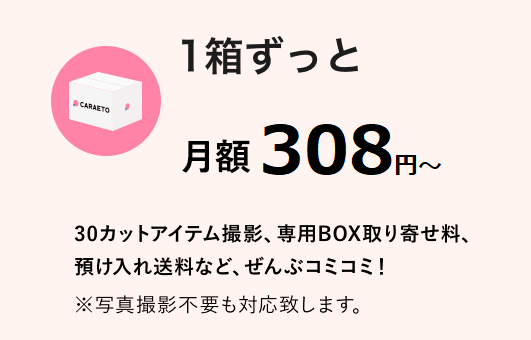 １箱ずっと月額500円 30カットアイテム撮影、専用BOX取り寄せ料、預け入れ送料など、ぜんぶコミコミ！ ※写真撮影不要も対応致します。